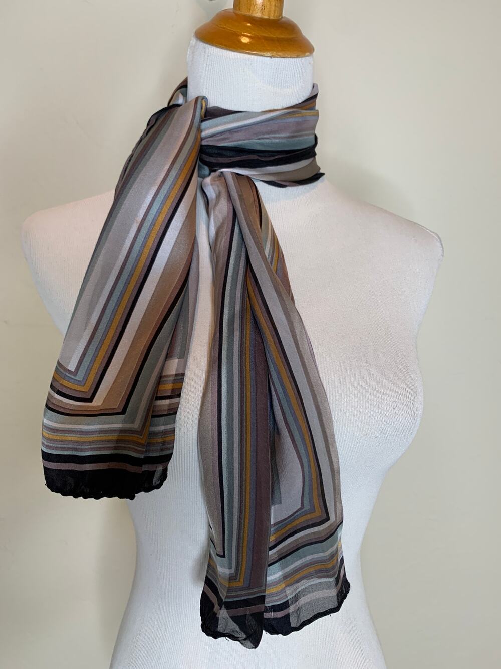 Silk Brown Gray Black Long Scarf Vintage Handrolled Stripes